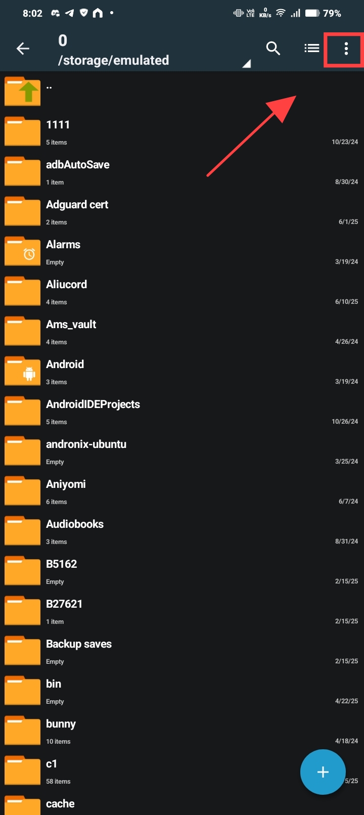 ZArchiver main menu with three dots highlighted