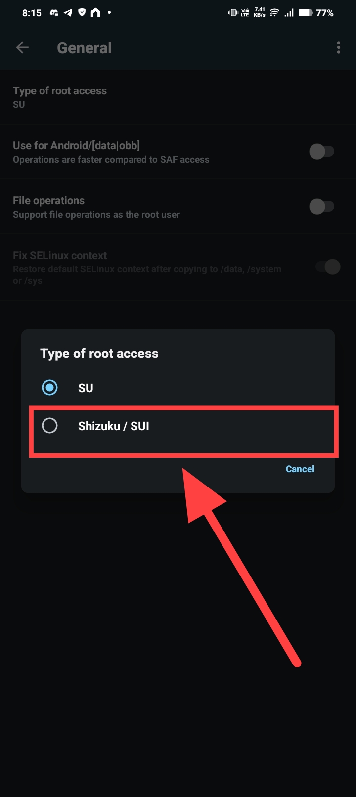 Dropdown menu showing Shizuku selected